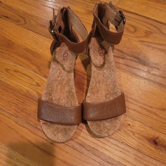 Ugg Zoe II Cork Wedge Leather Chestnut Sandals size 6.5 - Picture 2 of 11